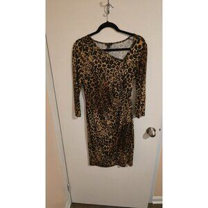 Lafayette 148 NY Dress 3/4 Sleeve Asymmetric Neck Ruched Womens Size 6 Leopard